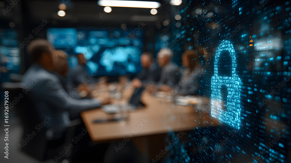 Poster digital display showcasing cybersecurity with a teammeeting in the background.