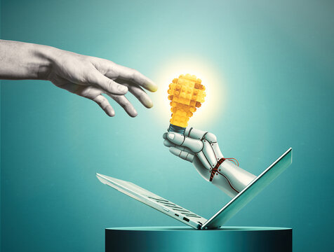 A robotic hand extends a light bulb to a person.