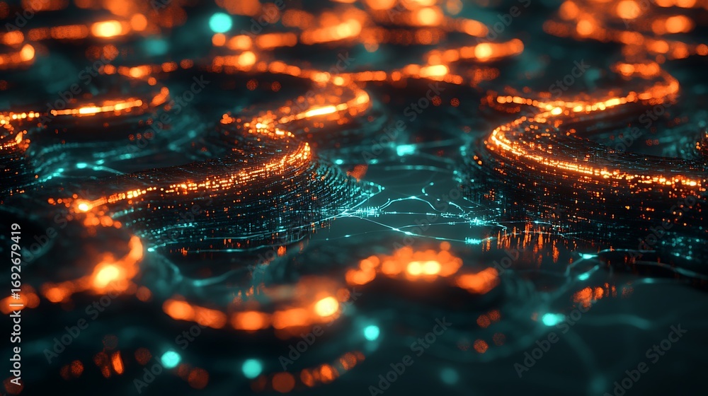 Poster abstract rendering of glowing orange and cyan winding structures