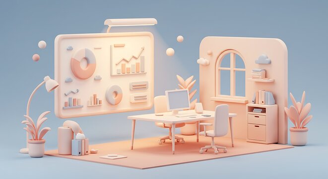 Pastel Office Space Rendering with Data Visualization and Natural Light for Creative Professionals and Remote Workers Emphasizing Productivity and Well Being in a Stylish Environment