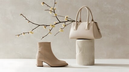 Elegant beige boot and handbag displayed with a minimalist vase holding blooming branches