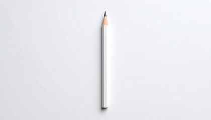 A single white pencil, sharpened, stands upright on a plain white surface