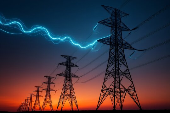 Dramatic Electricity Pylons at Sunset – Industrial Power Lines with Glowing Electric Blue Energy Flow in Photorealistic Sci-Fi Style