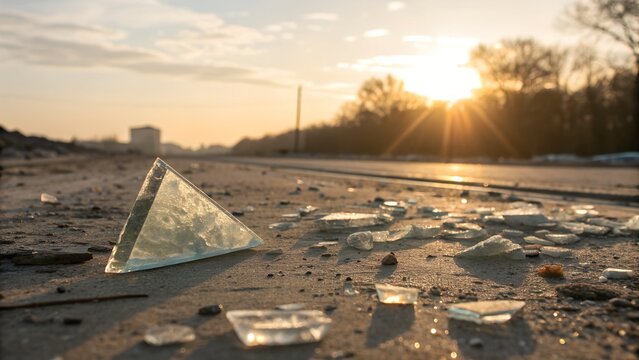 A large triangular shard of broken glass stands upright on the dusty ground, brilliantly reflecting the warm golden sunset light among many scattered fragments.