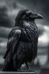 Fototapeta premium Hyper realistic raven perched castle tower moody sky background with feather detail in dramatic wildlife style