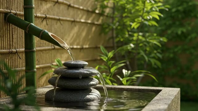Bamboo fountain water trickle loop in zen garden for relaxation and meditation, stress relief concept