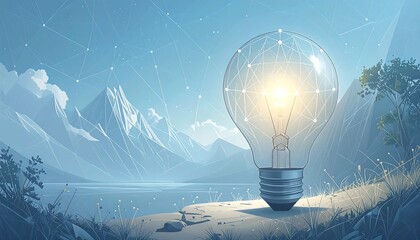 Illuminated light bulb in serene mountain landscape