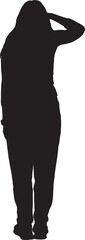 vector,silhouette of  back view of standing woman look away with hand on forehead