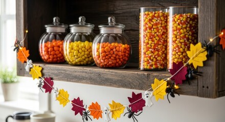 Jars of colorful candies and a festive halloween garland on a rustic wooden shelf