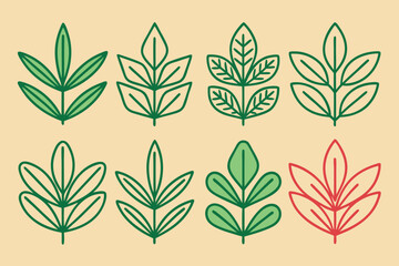 Collection of Eight Stylized Green and Red Leaf Illustrations on Beige Background leaves foliage