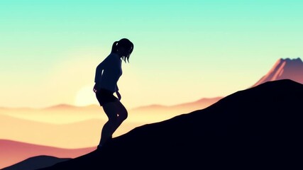 Dynamic 3D Animation of a Young Woman Climbing a Mountain Against a Beautiful Sunset Sky