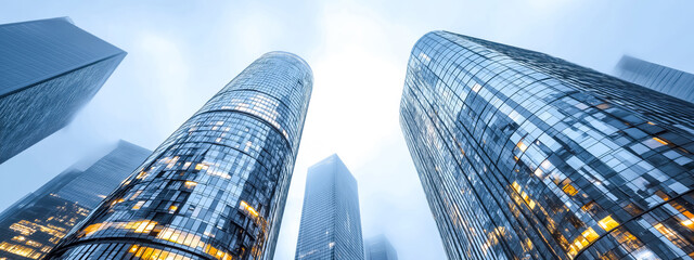Low angle view of modern glass skyscrapers against a bright sky