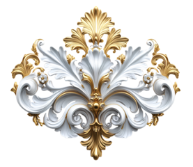 3d baroque ornament, in golden and white colors, isolated on a transparent background.