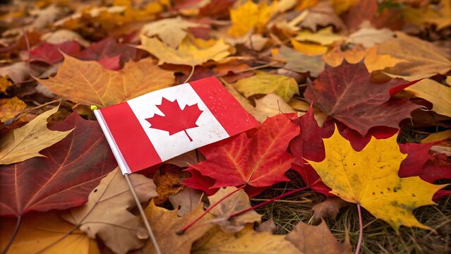 A canadian flag lies among fallen autumn leaves, symbolizing canadian thanksgiving and the beauty of the fall season in canada