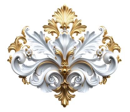 3d baroque ornament, in golden and white colors, isolated on a transparent background.