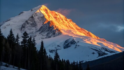 The majestic snow covered mountain peak shines with golden light under a deep blue sky, rising above dark evergreen trees.