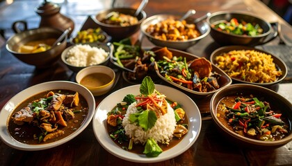 Diverse array of Southeast Asian dishes on a rustic wooden table