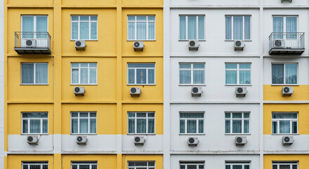 Yellow and white building facade with windows and air conditioners