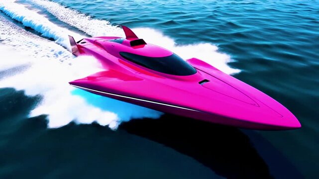 A high-speed, sleek pink boat speeding through the water, creating a large wake behind it. The boat has a modern design with a pointed front and a streamlined body.