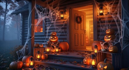 Spooky halloween decorations adorn a rustic cabin with glowing jack o lanterns