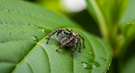 Jumping spider on a green leaf.