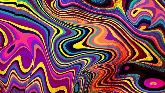 Abstract art - liquid psychedelic pattern of neon rainbow colored curved lines. Moving yellow, green, pink zebra pattern background. Modern