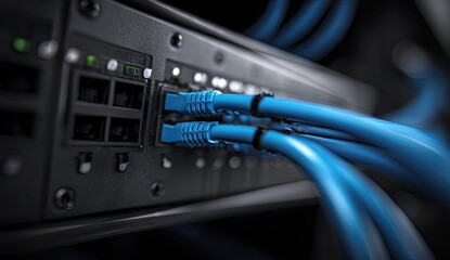 Naklejka premium Close-up server rack with network cables