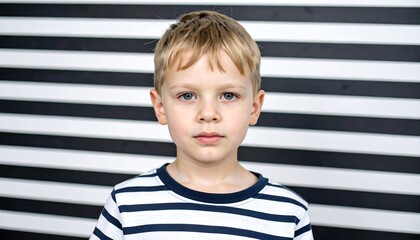 Portrait of a boy with a serious expression, against a striped backdrop
