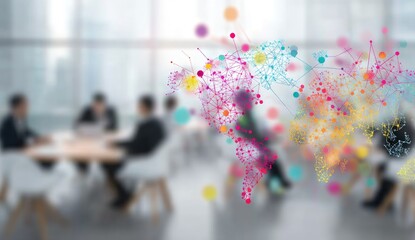 Abstract world map overlaying a blurred business meeting