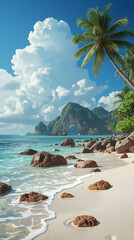 Naklejka premium A tropical beach has soft waves and swaying palm trees, perfect for relaxation.