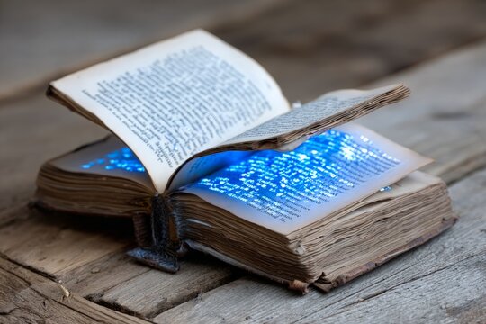 Old spellbook opens, magical pages emit blue glow on ancient wooden table