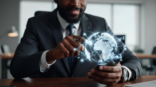 Businessman using smartphone with glowing global network projection, illustrating global connectivity and digital business - Powered by Adobe