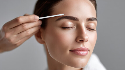 Calm woman at beauty salon getting an eyebrow shaping correction procedure. beautician applying cosmetic product to face for perfect grooming and natural look