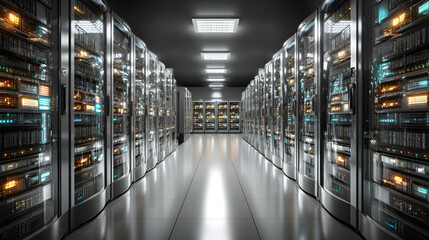 Depict a state of the art data center with rows of srver racks, cooling system, and redundant power suppies