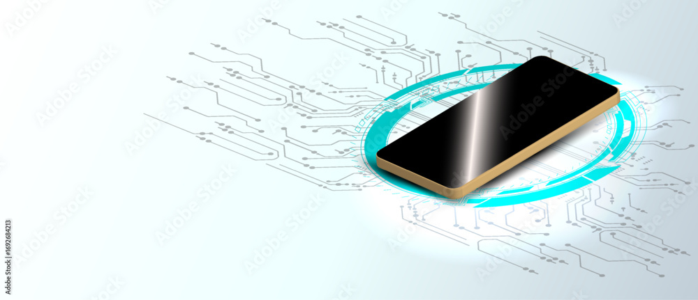 Poster a sleek smartphone rests on a digital circuit pattern, symbolizing modern technology and innovation.