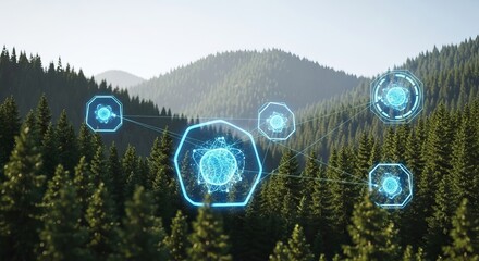Futuristic biotechnology concept showing a glowing holographic interface monitoring genetic data in a lush pine forest for environmental science research