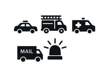 Emergency vehicles and siren icons: police, fire, ambulance, mail symbols