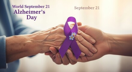 Two hands holding a purple alzheimer's awareness ribbon with forgetmenot flowers