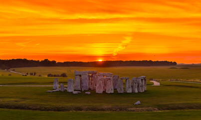 Stonehenge, Salisbury, UK, June 17, 2025; Stunning aerial view of the sunset and spectacular historical monument of Stonehenge stone circles, Wiltshire, England, UK