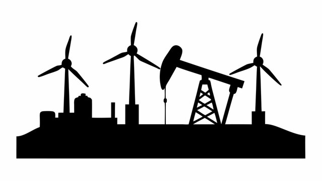 Silhouette of wind turbines oil pump and industrial buildings on a landscape against a white background