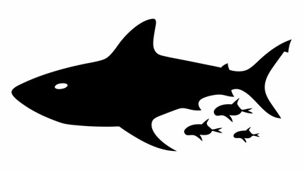 Silhouette of a large shark swimming with three smaller fish following behind in a monochrome design