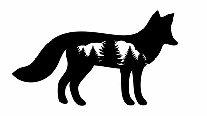 Silhouette of a fox with an interior scene of pine trees and clouds in black and white illustration