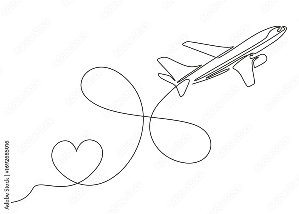Poster continuous one line drawing of airplane path in symbol of infinity and heart form. one single line a