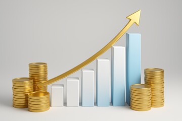 Financial Growth and Investment: A conceptual representation of financial success is showcased, incorporating ascending bar graphs intertwined with a golden upward arrow and gold coin stacks.