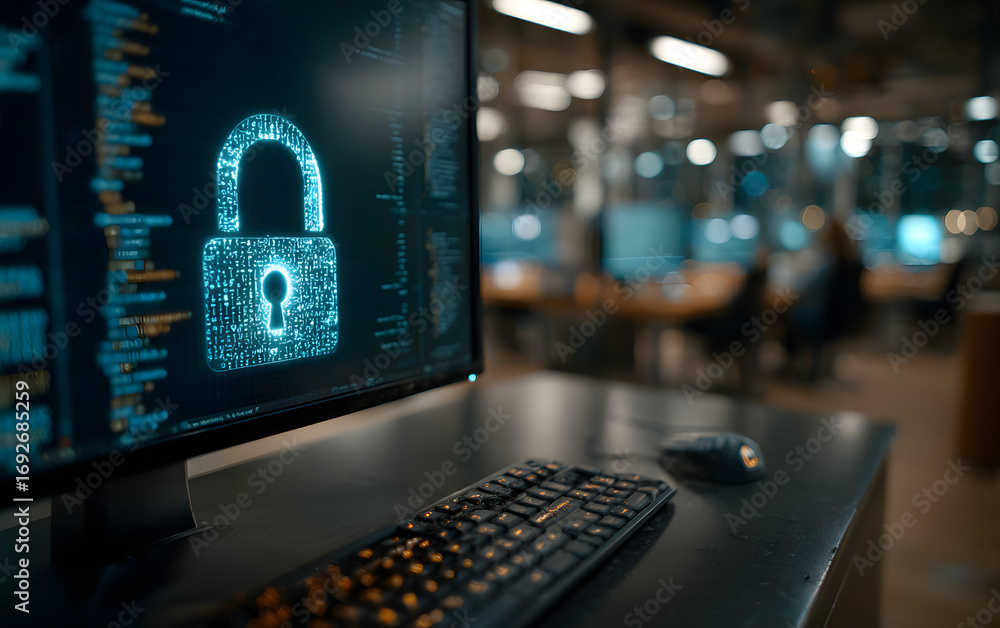 Poster digital padlock symbol on a computer screen in moder office. futuristic cyberscurity and data protec