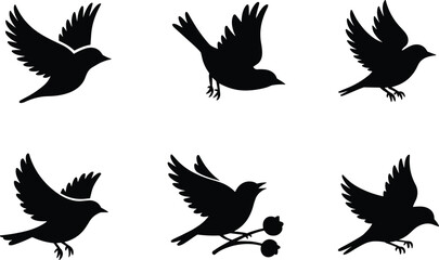 Flat vector illustration of six flying bird silhouettes, detailed wing shapes and feathers, perfect for nature, wildlife, and birdwatching designs