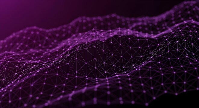 Abstract digital network grid with glowing nodes and connecting lines purple gradient