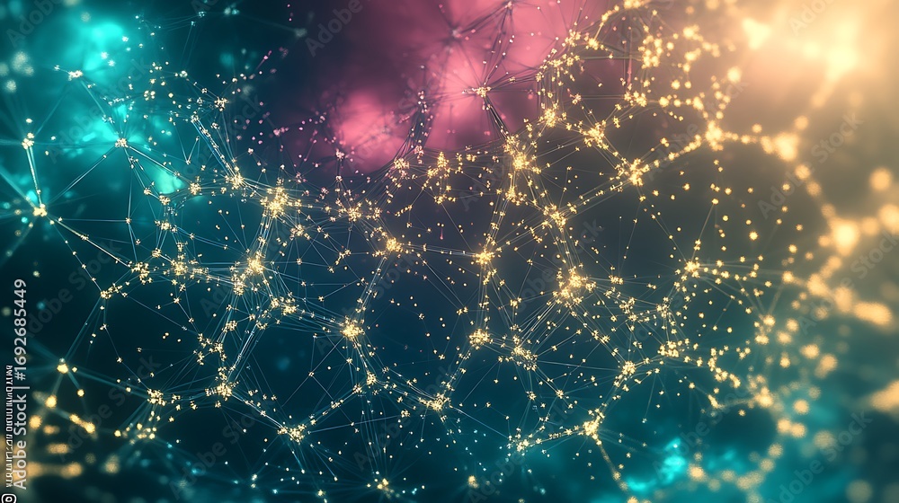 Poster glowing network of interconnected dots against a colorful backdrop