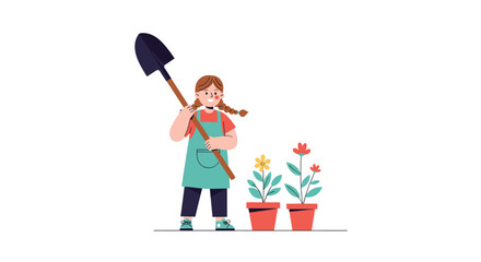 Woman gardener with shovel planting flowers in pots on white background