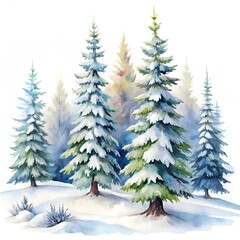 Obraz premium A beautiful watercolor painting of snow-covered pine trees in a forest, creating a serene winter landscape scene, isolated on white background